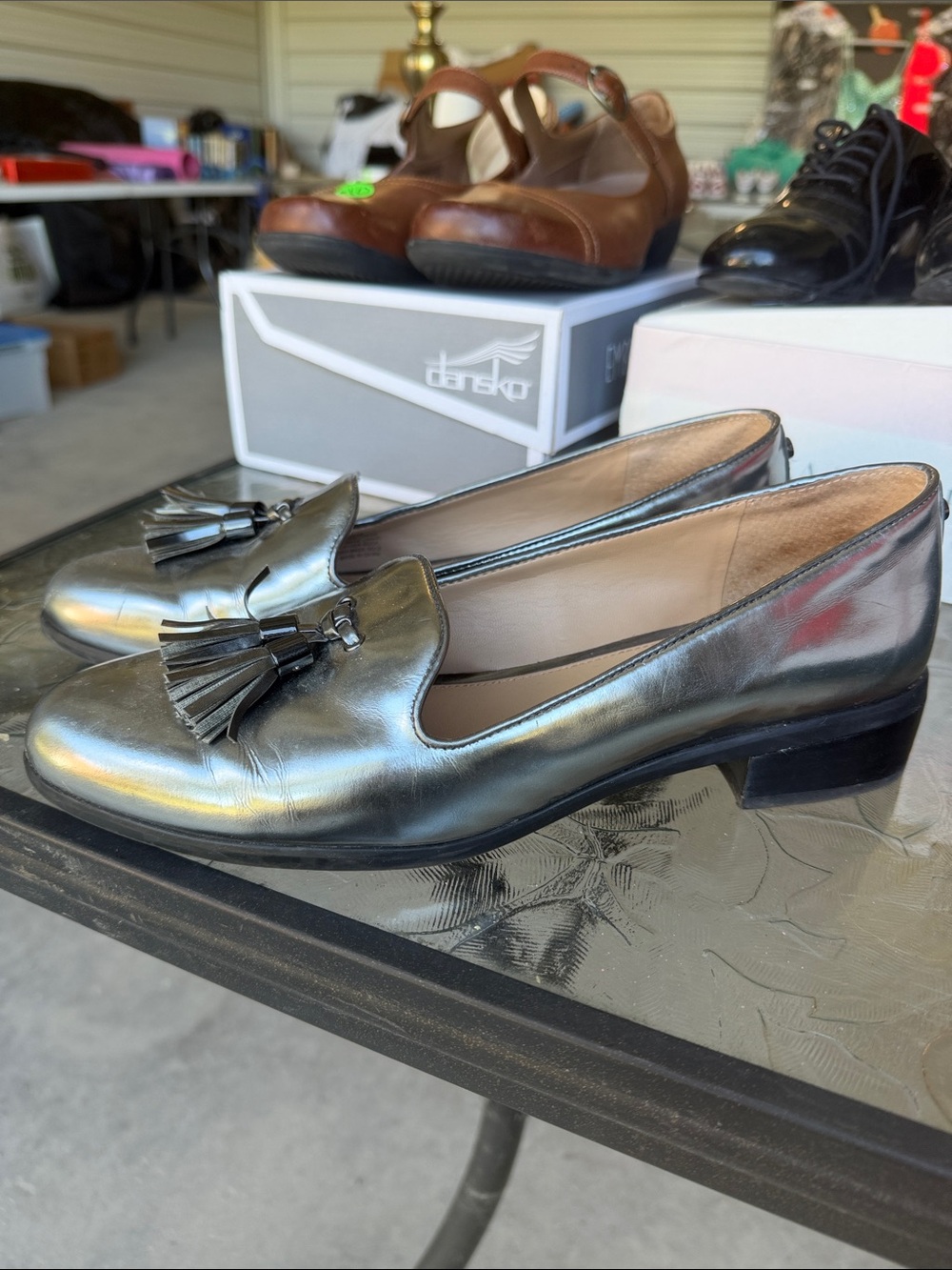 ANTONIO MELANI Metallic Pewter Tassel Loafers